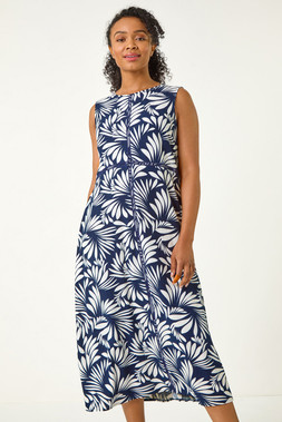 Roman Petite Navy Tropical Trim Midi Dress