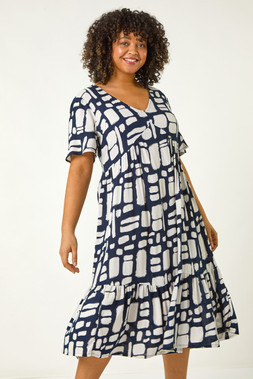 Roman Curve Navy Print Tiered V-Neck Dress
