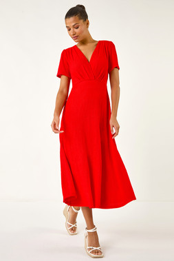 Roman Red Textured Wrap Bodice Midi Dress