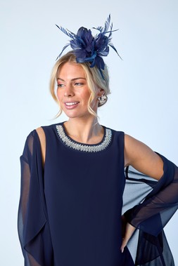 Roman Petite 2in1 Neck Trim Shift Dress & Roman Navy Fascinator Clip Headband