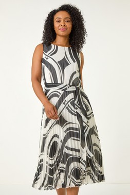 Roman Petite Black Tie Waist Pleated Dress