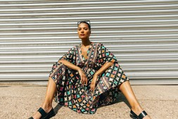 Roman Geo Print V-Neck Frill Maxi Dress