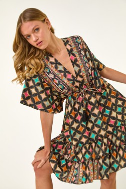 Roman Geometric Boho Print V-Neck Mini Dress