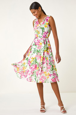 Roman White Floral Print Cowl Neck Dress