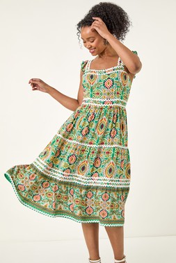 Roman Petite Green Abstract Frill Ric Rac Midi Dress