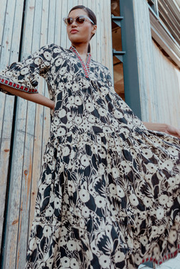 Roman Black Floral Print Border Maxi Dress