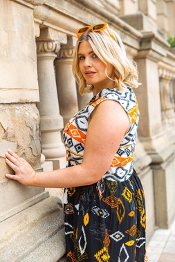 Roman Curve Orange Mix and Match Print Dress
