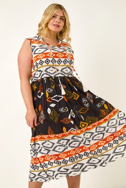 Roman Curve Aztec Print Smock Midi Dress