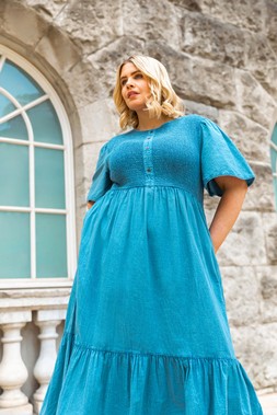 Roman Curve Blue Shirred Denim Dress