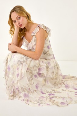 Roman Dusk Floral Print Ruffle Maxi Dress