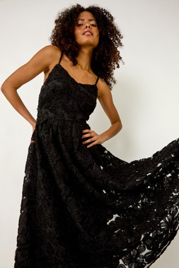Roman Dusk Black Floral V-Neck Strap Midi Dress