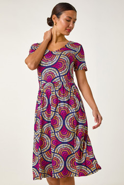 Roman Pink Abstract Print Stretch Midi Dress
