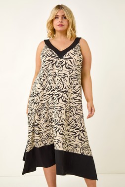 Roman Curve Black Animal Print V-Neck Midi Dress