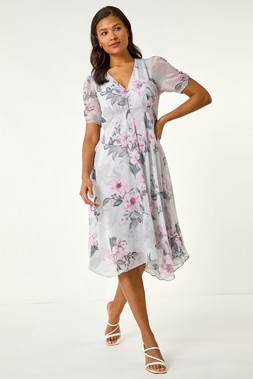 Roman Floral Print Hanky Hem Midi Dress
