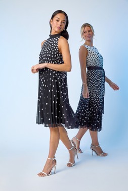 Roman Petite Black Spot Halter Pleat Dress & Roman Petite Black Spot Pleated Midi Dress