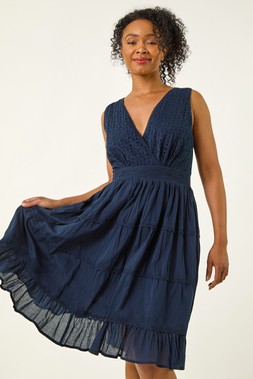 Roman Petite Navy Embroidered Lace Trim Dress