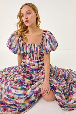 Roman Abstract Puff Sleeve Tiered Dress