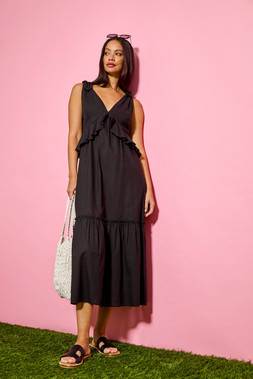 Roman Dusk Black Bow Detail Poplin Midi Dress