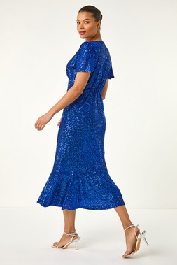 Roman Royal Blue Sequin V-Neck Stretch Midi Dress