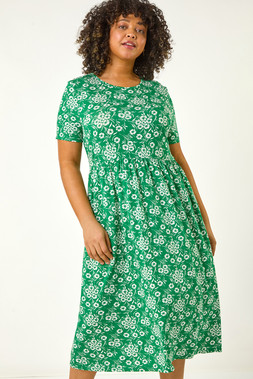 Roman Curve Green Floral Print Stretch Midi Dress