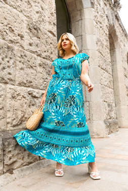 Roman Curve Blue Tropical Print Dress