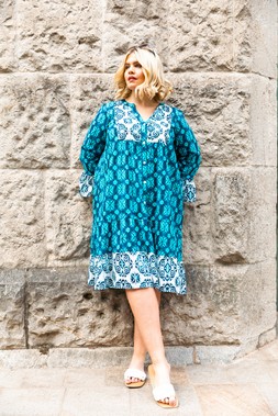 Roman Curve Blue Printed V Neck Dress