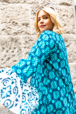 Roman Curve Blue Printed V Neck Dress