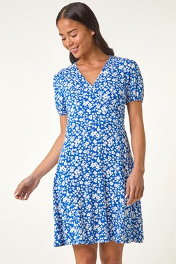 Roman Petite Royal Blue Ditsy Print Wrap Stretch Dress
