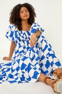 Roman Dusk Ivory Blue Tiered Geo Dress