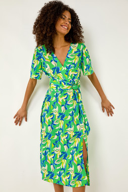 Roman Dusk Green Leaf Print Midi Dress