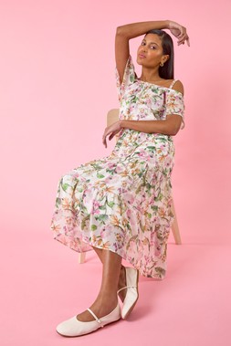 Roman Cream Floral Bardot Midi Dress