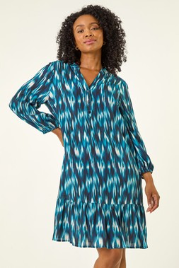 Roman Petite Teal Ikat Print Tiered Hem Dress