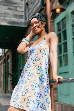 Roman Petite Blue Abstract Halter Neck Stretch Dress