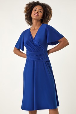 Roman Blue Wrap Over Stretch Dress