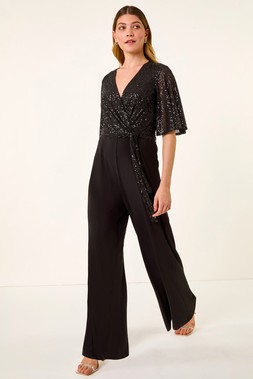 Roman Black Sequin Flutter Sleeve Stretch Jumpsuit