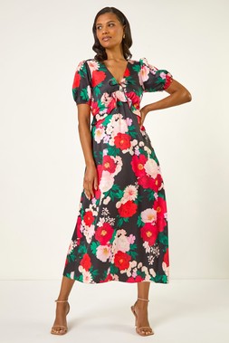 Roman Puff Sleeve Floral Satin Midi Dress