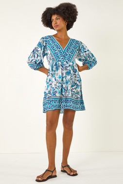 Roman Floral Border Print Dress