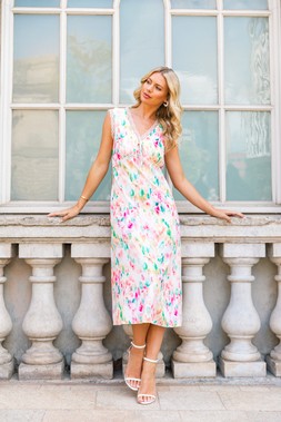 Roman Petite Print Lace Trim V-Neck Midi Dress