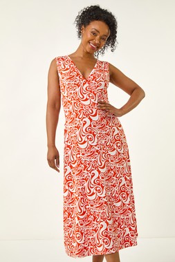 Roman Petite Orange Abstract Print Wrap Midi Dress