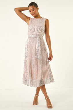 Roman Sequin Detail Pleated Midi Dress