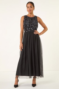 Roman Black Petite Contrast Sequin Mesh Dress