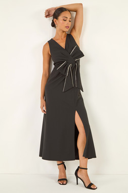 Roman Petite Black Embellished Bow Trim Maxi Dress