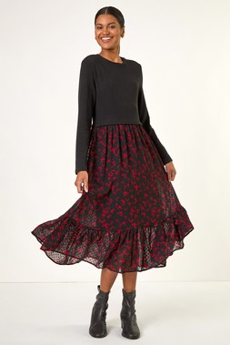 Roman Contrast Print Mesh Skirt Midi Dress