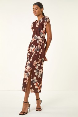 Roman Brown Floral Twist Stretch Dress