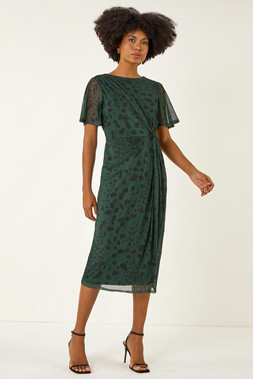Roman Khaki Animal Print Twist Front Stretch Dress