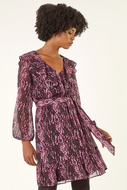 Roman Pink Animal Print Frill V-Neck Dress
