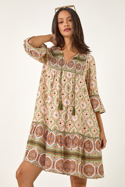 Roman Dusk Khaki Mix Print Smock Midi Dress