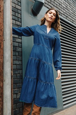 Roman Denim Tiered Midi Dress