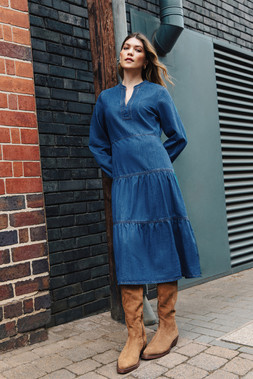 Roman Denim Tiered Midi Dress