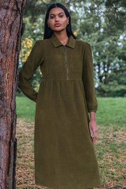 Roman Khaki Corduroy Zip Detail Midi Dress